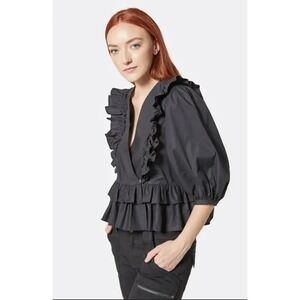 Joie Nellis Cotton Top Caviar Black Ruffle Wrap Puff Sleeve Blouse Size Small
